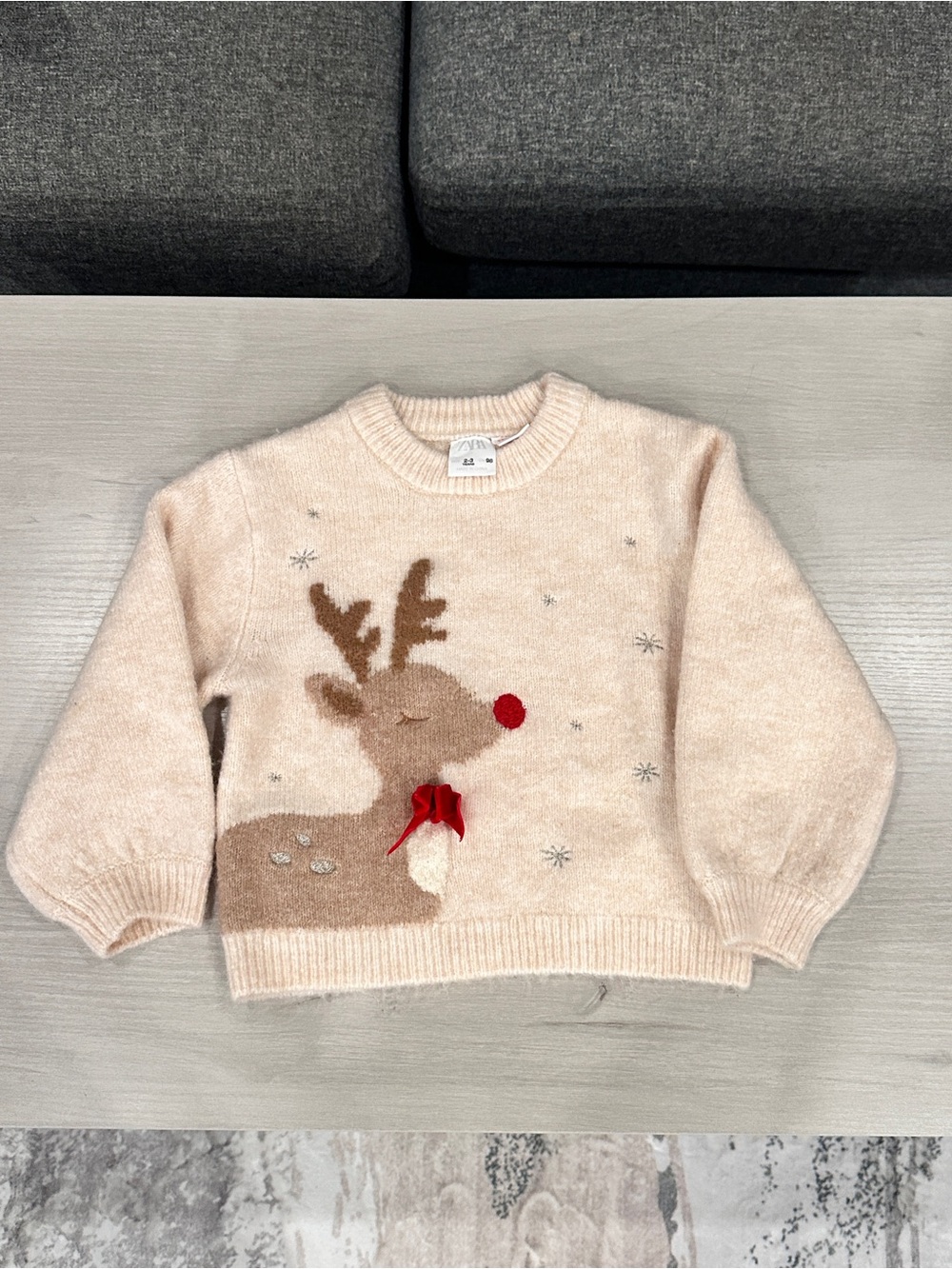Zara Cream Knit Reindeer Sweater with Red Bow